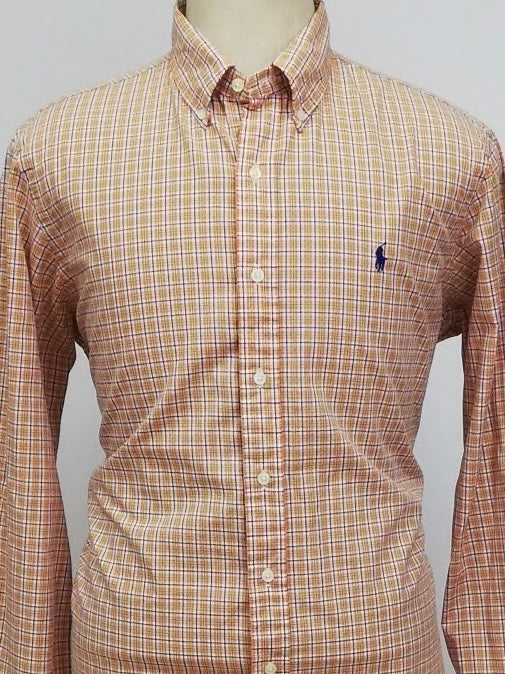 Camisa Polo Ralph Lauren 🏇🏼 color blanco con patrón de cuadros naranja, verde y azul Talla L Entalle Regular