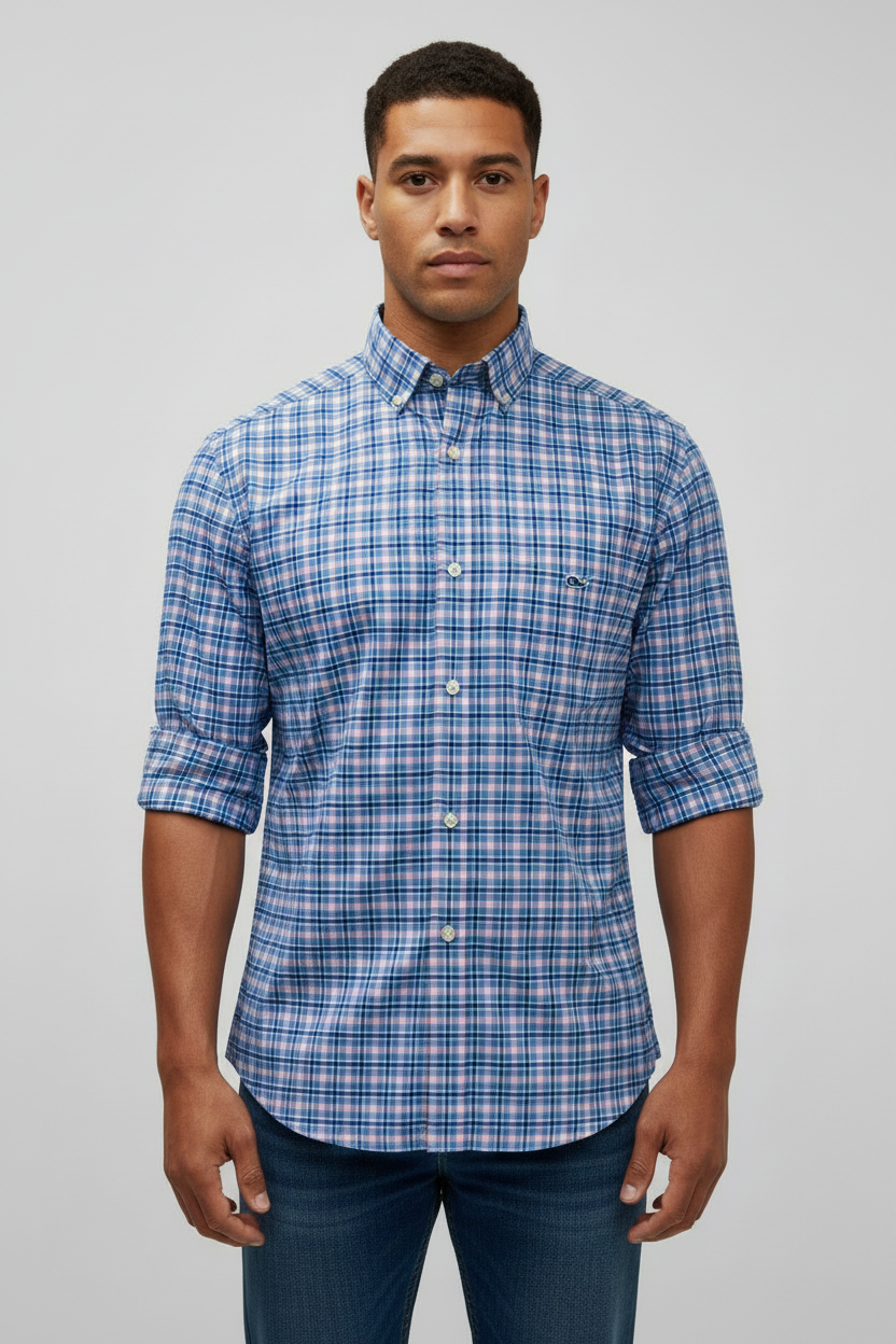 Camisa de botones Vineyard Vines 🐳 Performance de cuadros en azul, rosado y blanco Talla M Entalle Clasico
