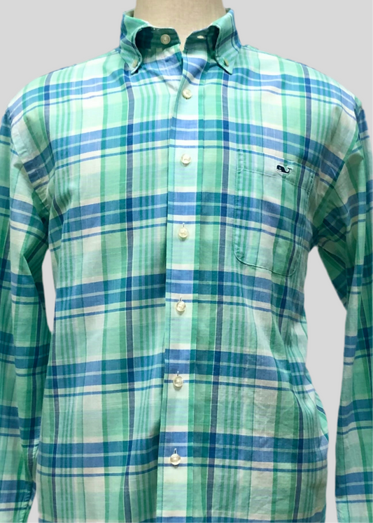 Camisa Vineyard Vines 🐳 de cuadros tartán en color verde, celeste y blanco Talla M Entalle Regular