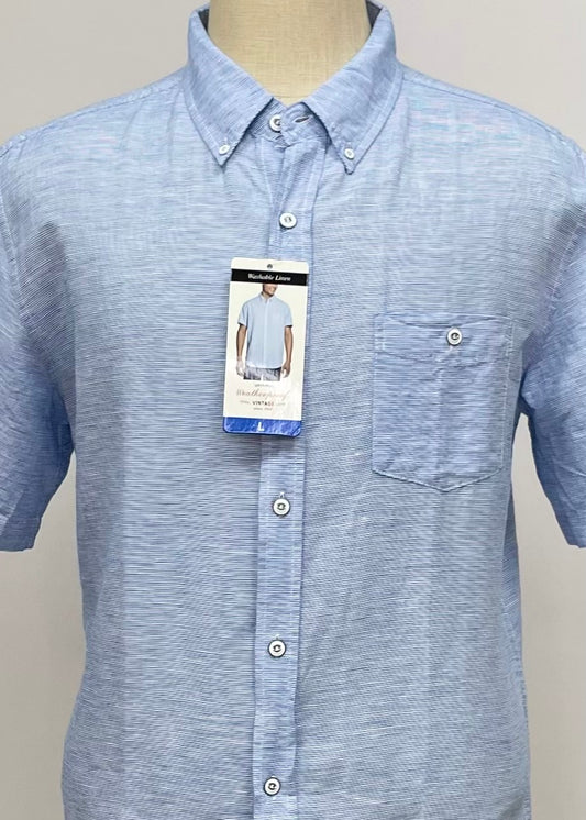 Camisa de botones Weatherproof con patron de rayas de lino color azul y blanco Talla L Entalle Regular