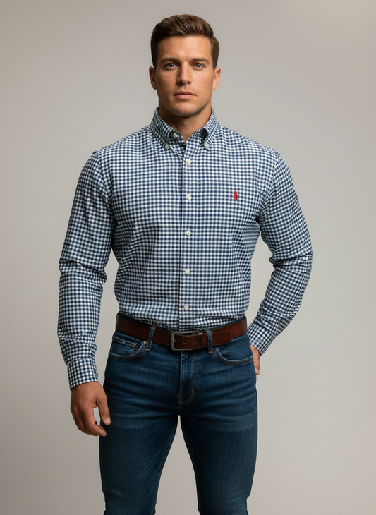 Camisa de botones Polo Ralph Lauren 🏇🏼 con patron de cuadros gingham azul navy y blanco Talla L Entalle Clásico