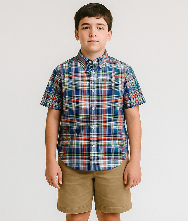 Camisa de niño Polo Ralph Lauren 🏇🏼 color blanco con patron de cuadros en celeste, aul, rojo y verde Talla L (14-16) Entalle Regular