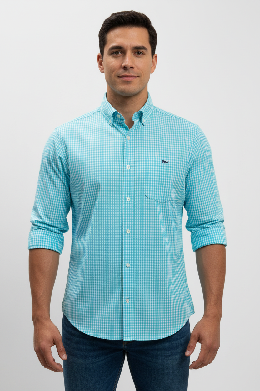 Camisa de botones Vineyard Vines 🐳 de cuadros en color turquesa y blanco Talla S Entalle Clásico