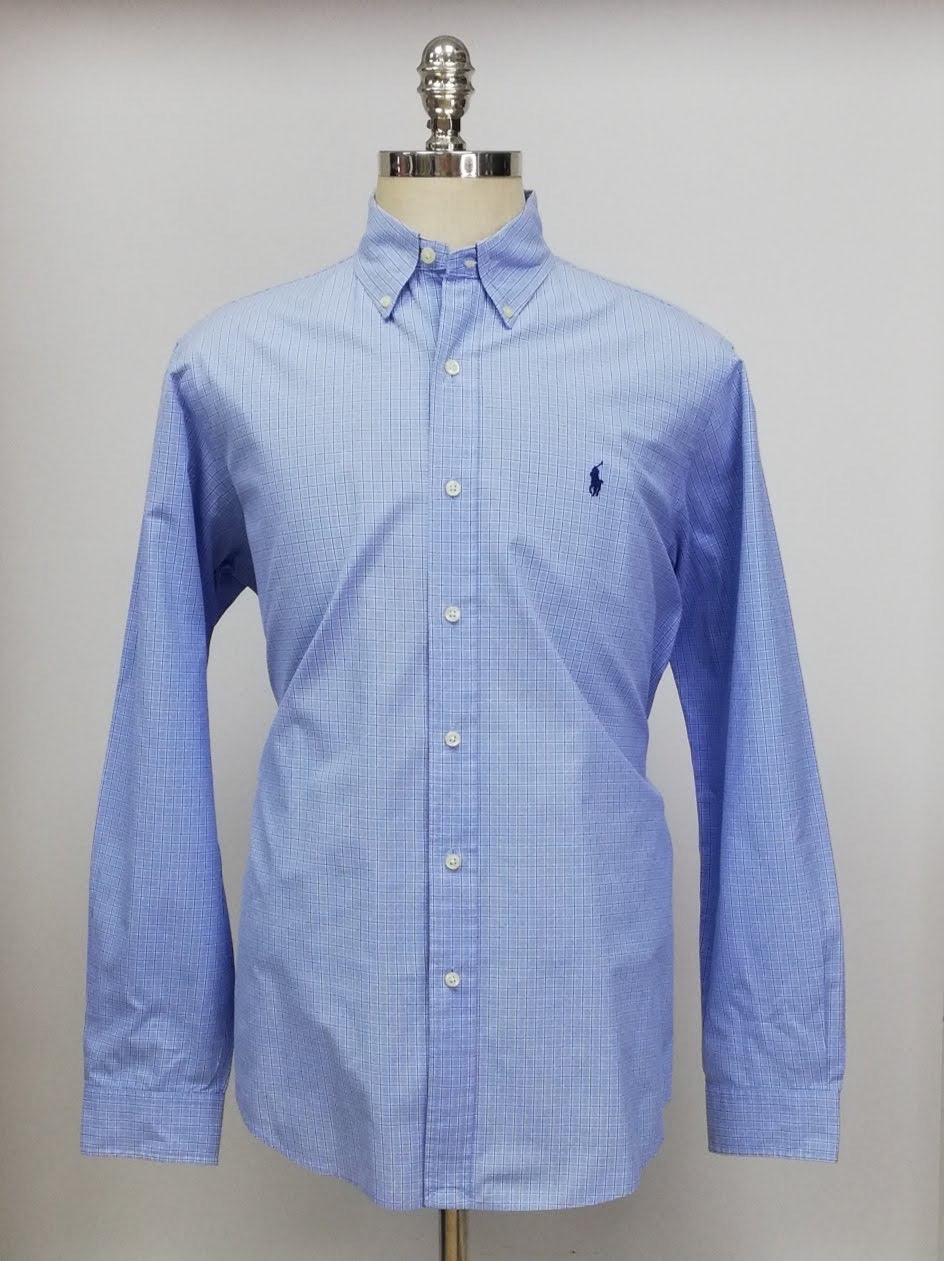 Camisa Polo Ralph Lauren 🏇🏼 color celeste con patron de cuadros en azul navy y blanco Talla L Entalle Regular