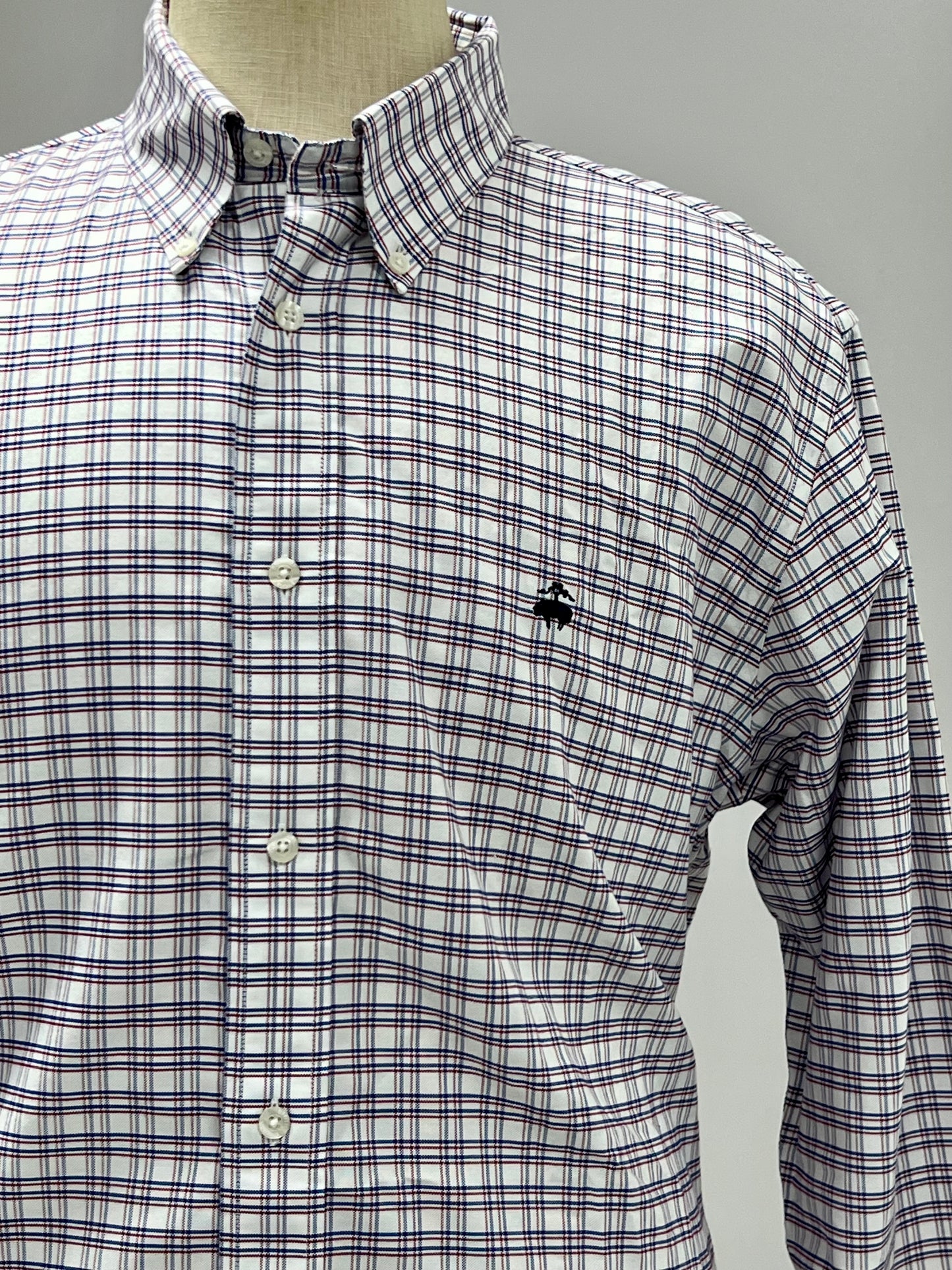 Camisa Brooks Brothers 🐑 color blanco de cuadros en azul navy y rojo Talla XL Entalle Regular