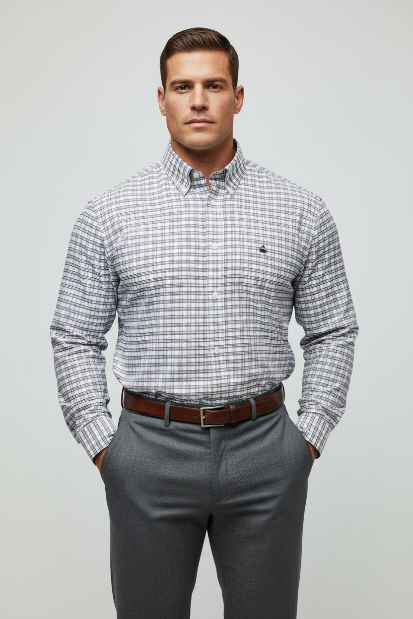 Camisa Brooks Brothers 🐑 color blanco de cuadros en azul navy y rojo Talla XL Entalle Regular