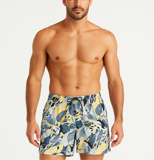 Short de baño Columbia con diseño de hojas en color amarillo, azul y celeste, talla M