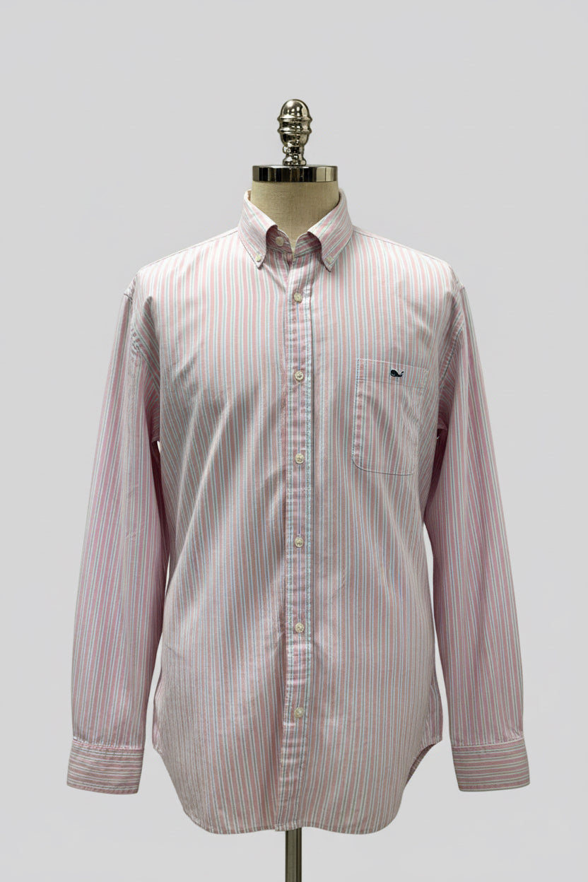 Camisa de botones Vineyard Vines 🐳 con patrón de rayas en color rosado, gris y blanco Talla XXL Entalle Clásico