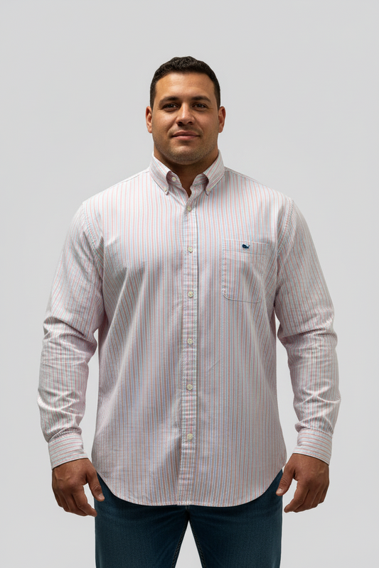 Camisa de botones Vineyard Vines 🐳 con patrón de rayas en color rosado, gris y blanco Talla XXL Entalle Clásico