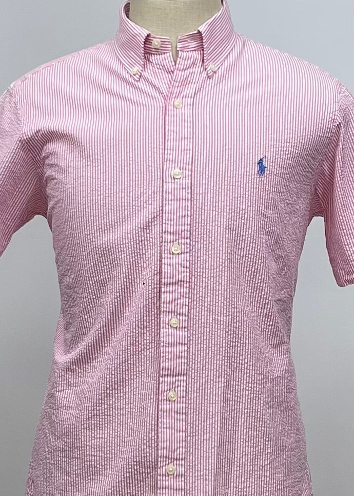 Camisa Polo Ralph Lauren 🏇🏼  Color blanco con patrón de rayas en rosado Seersucker Talla M Entalle Regular