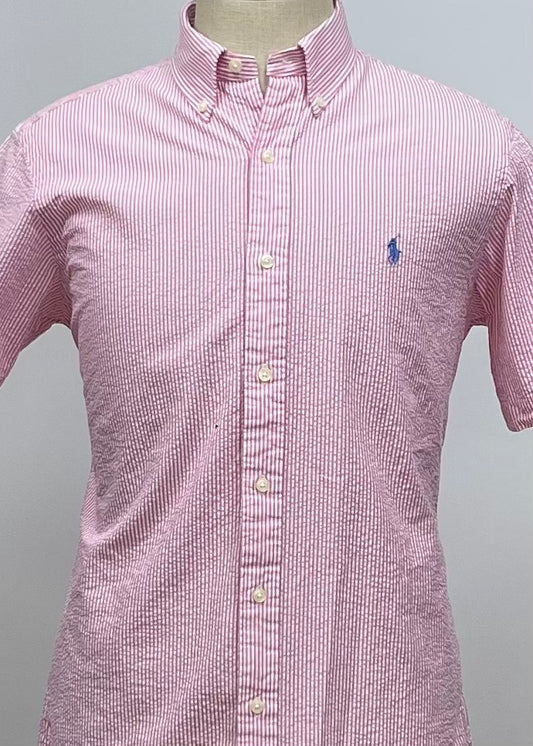 Camisa Polo Ralph Lauren 🏇🏼  Color blanco con patrón de rayas en rosado Seersucker Talla M Entalle Regular