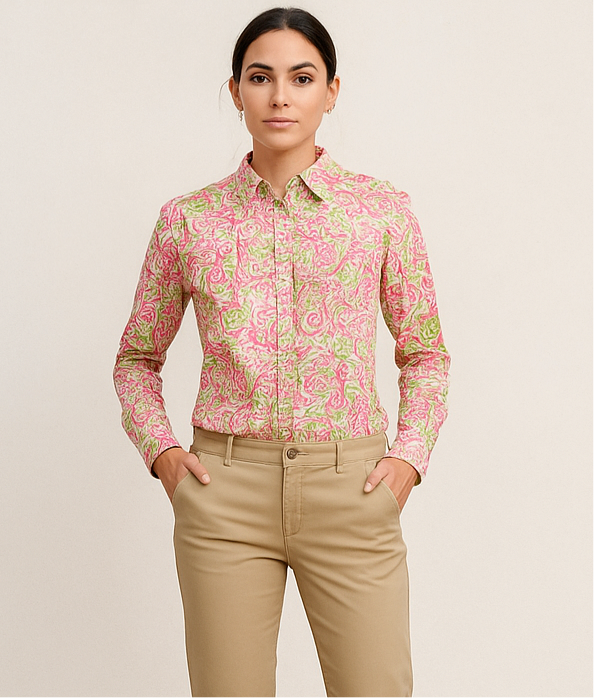 Camisa de mujer Lilly Pulitzer con diseño de flores color verde, rosado y blanco Talla XS Entalle Regular