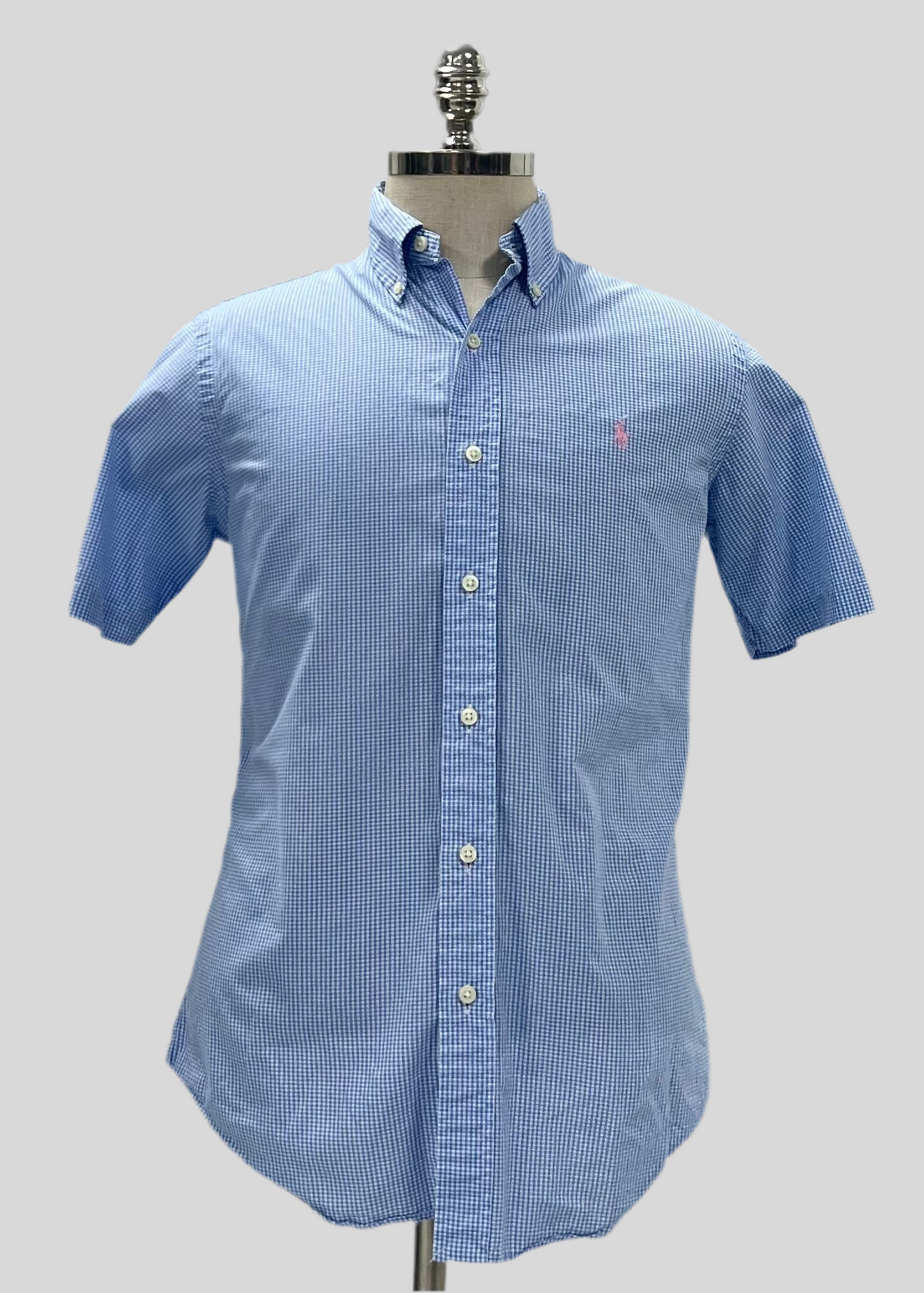 Camisa Polo Ralph Lauren 🏇🏼 con patrón de cuadros finos en celeste y blanco Talla S Entalle Regular