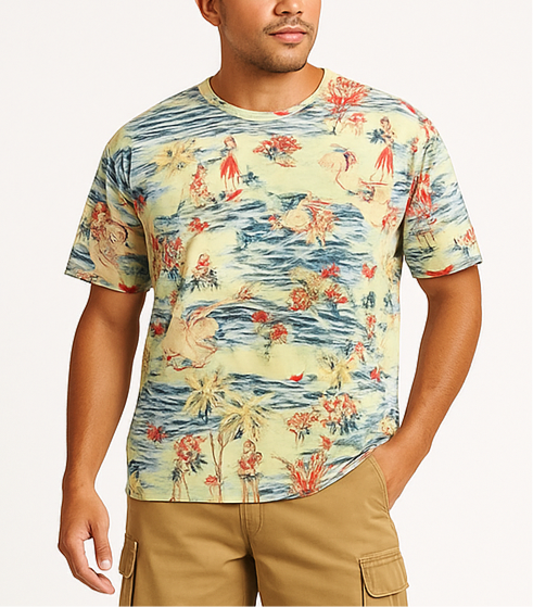 Camiseta cuello redondo Polo Ralph Lauren 🏇🏼 color verde claro con diseño hawaiano Talla XL Entalle Regular