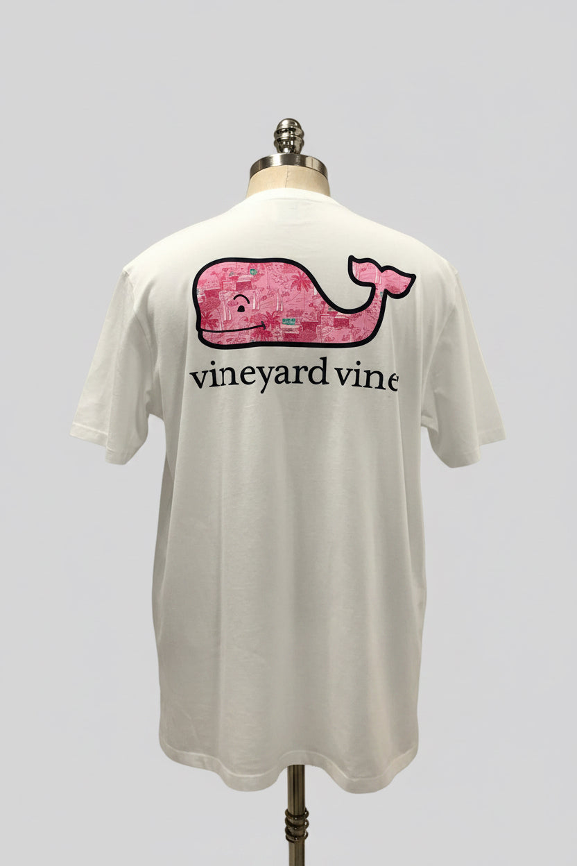 Camiseta cuello redondo Vineyard Vines 🐳 color blanco con Diseño de ballena en rosado Talla L