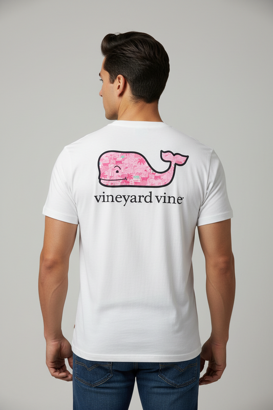 Camiseta cuello redondo Vineyard Vines 🐳 color blanco con Diseño de ballena en rosado Talla L
