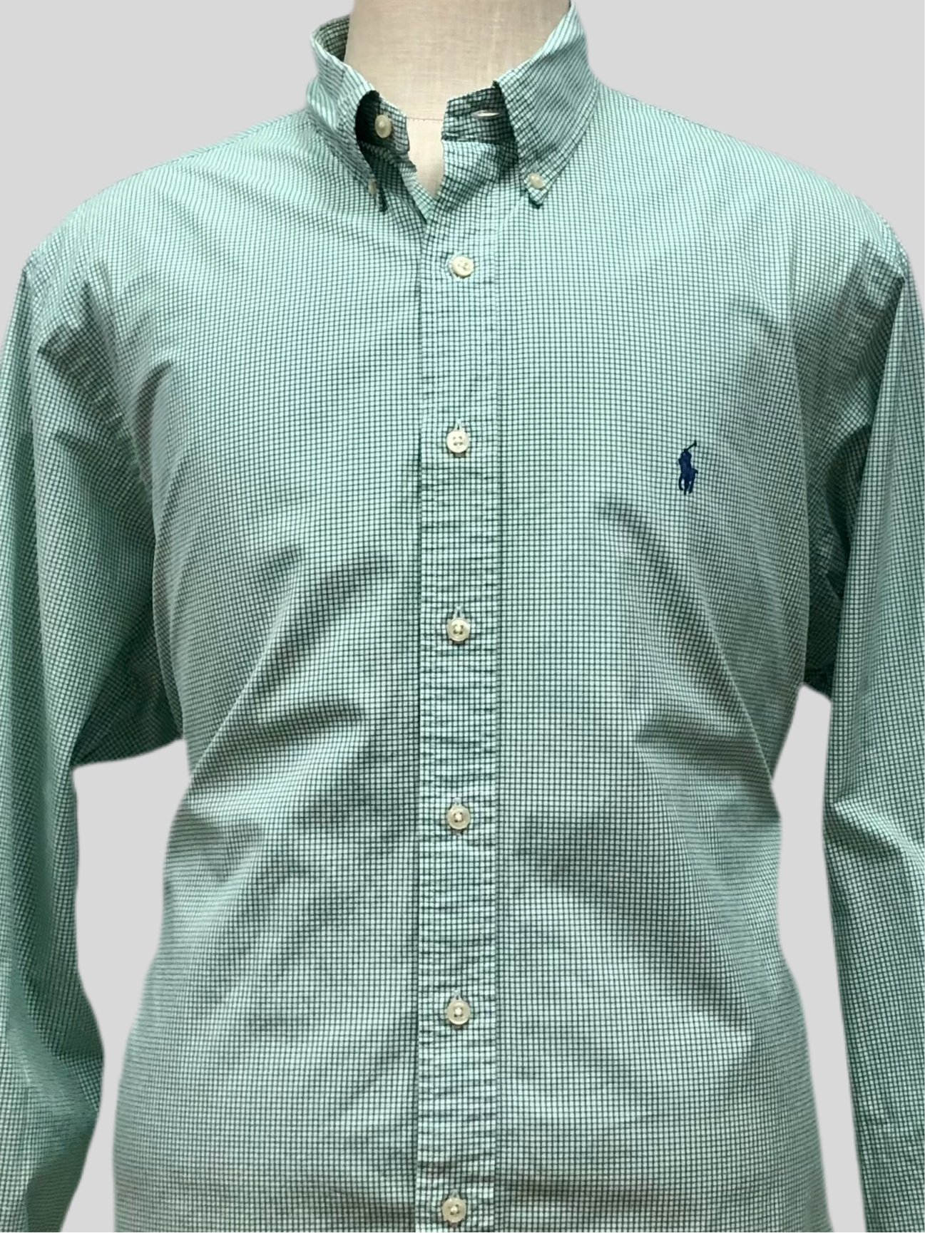Camisa Polo Ralph Lauren 🏇🏼 con patron de cuadros finos verde y blanco Talla XXL Entalle Custom Fit (ver descripción)