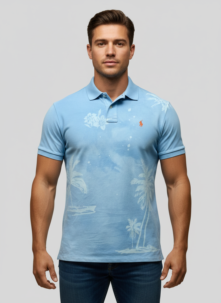 Camiseta Polo Ralph Lauren 🏇🏼 color celeste con diseño de hawaiano en color blanco Talla L Entalle Custom Fit