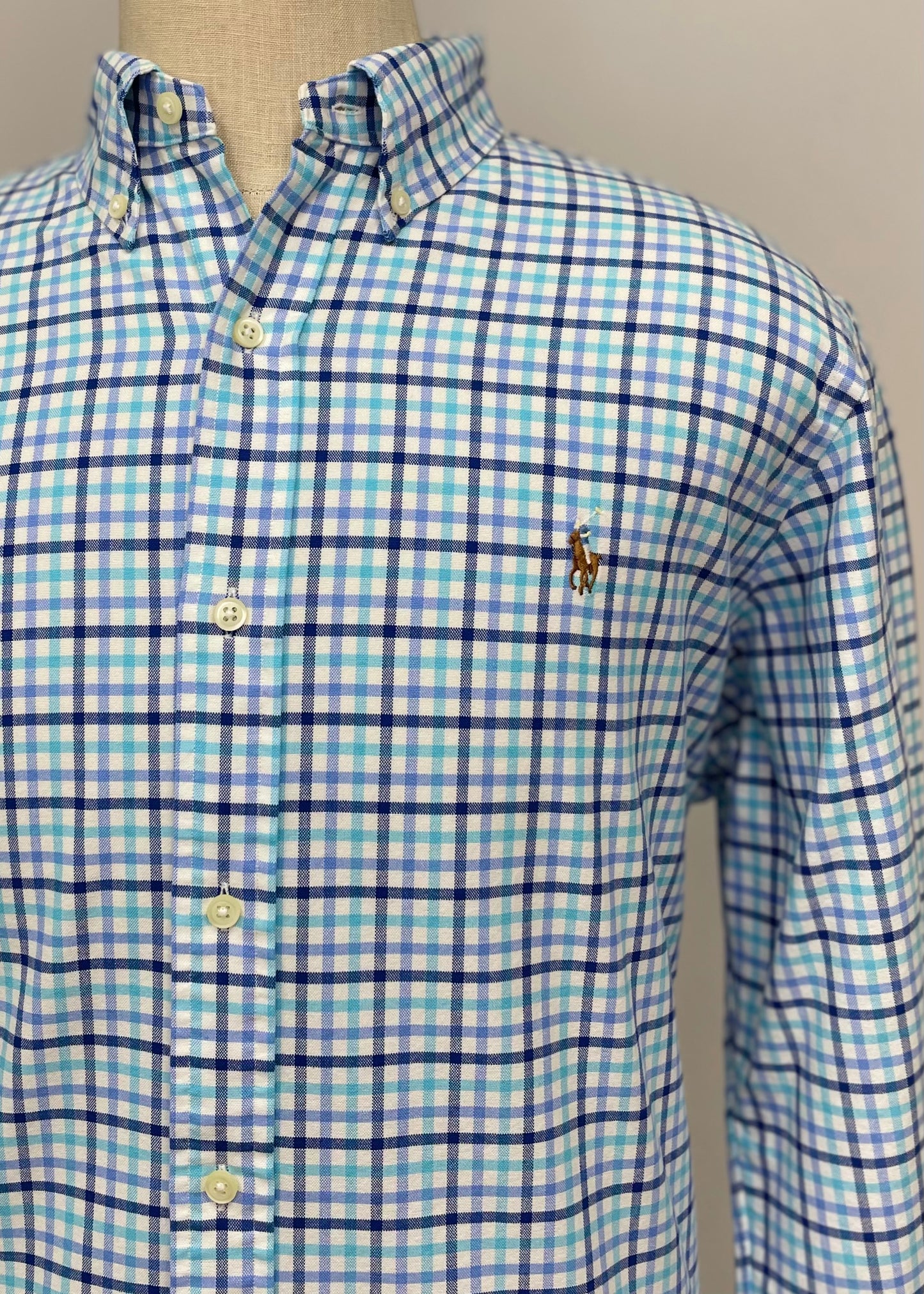 Camisa Polo Ralph Lauren 🏇🏼 con patron de cuadros gingham turquesa, azul y blanco Talla XL Entalle Clásico