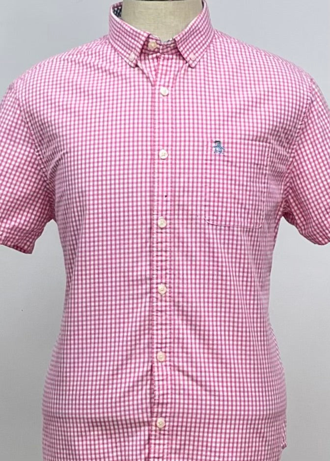 Camisa Original Penguin 🐧 de cuadros en color rosado y blanco Talla L Entalle Slim Fit