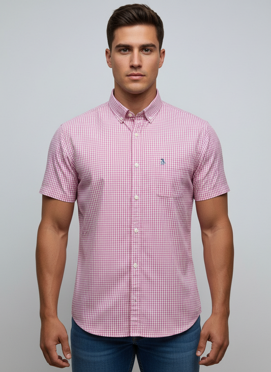Camisa Original Penguin 🐧 de cuadros en color rosado y blanco Talla L Entalle Slim Fit
