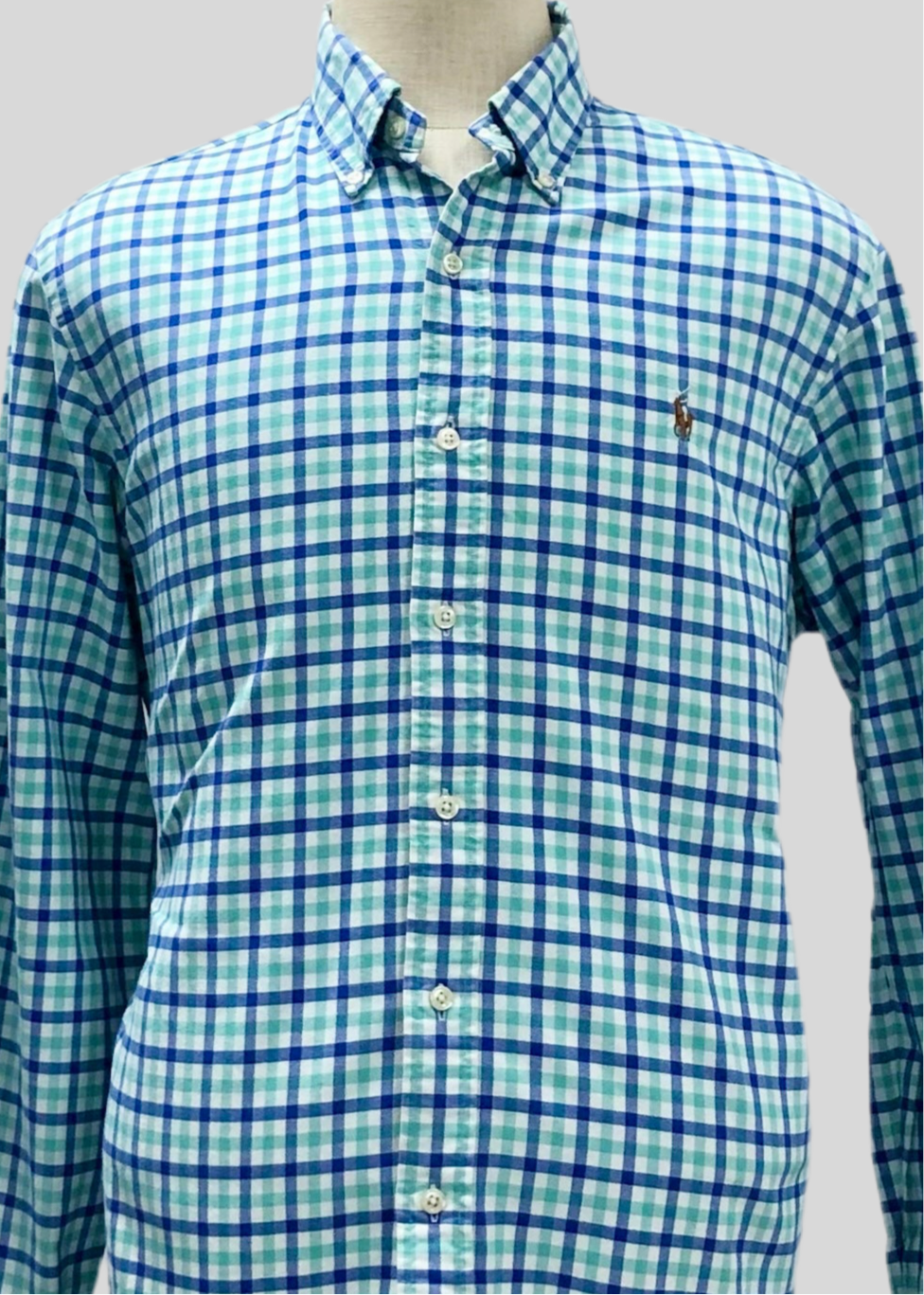 Camisa Polo Ralph Lauren 🏇🏼 con patron de cuadros gingham turquesa, azul y blanco Talla L Entalle Regular