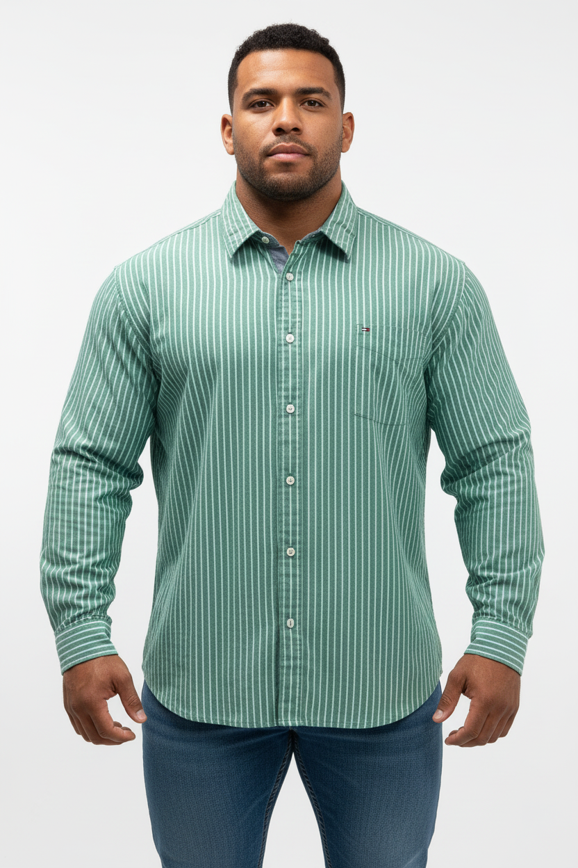 Camisa de botones Tommy Hilfiger 🇺🇸 Oxford de rayas en color verde y celeste Talla XXL Entalle Regular