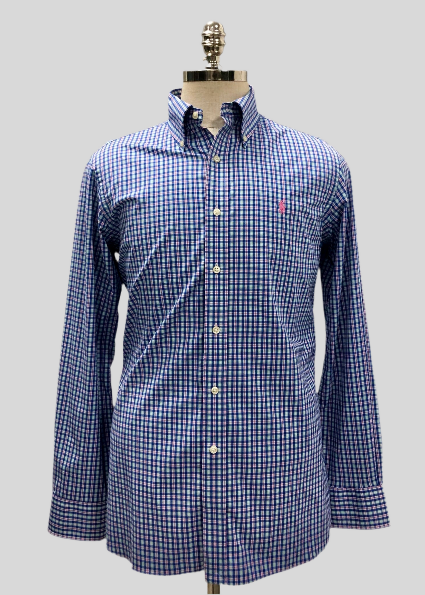 Camisa Polo Ralph Lauren 🏇🏼 color blanco con patron de cuadros rosado, verde y celeste Talla M Entalle Regular