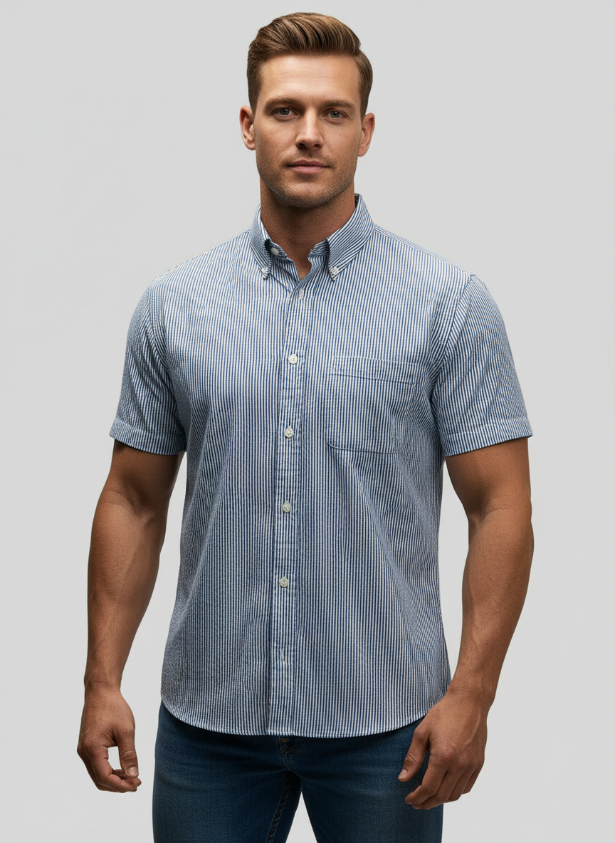 Camisa de botones Brooks Brothers 🐑 Seersucker de rayas en color azul y blanco Talla L Entalle Regular