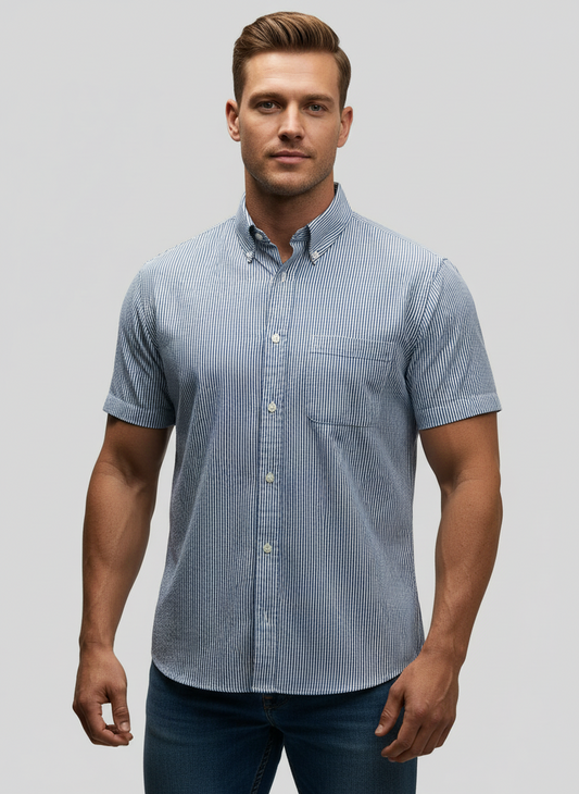 Camisa de botones Brooks Brothers 🐑 Seersucker de rayas en color azul y blanco Talla L Entalle Regular