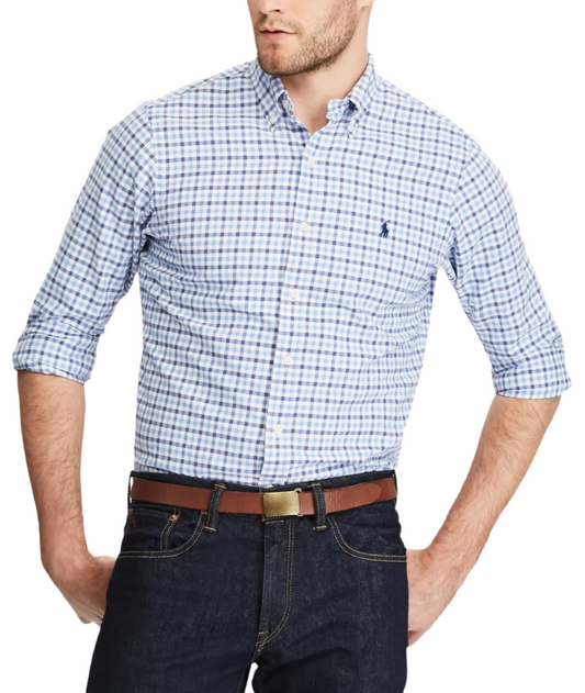Camisa Polo Ralph Lauren 🏇🏼 Oxford color blanco con patron de cuadros en celeste y azul navy Talla XXL Entalle Regular