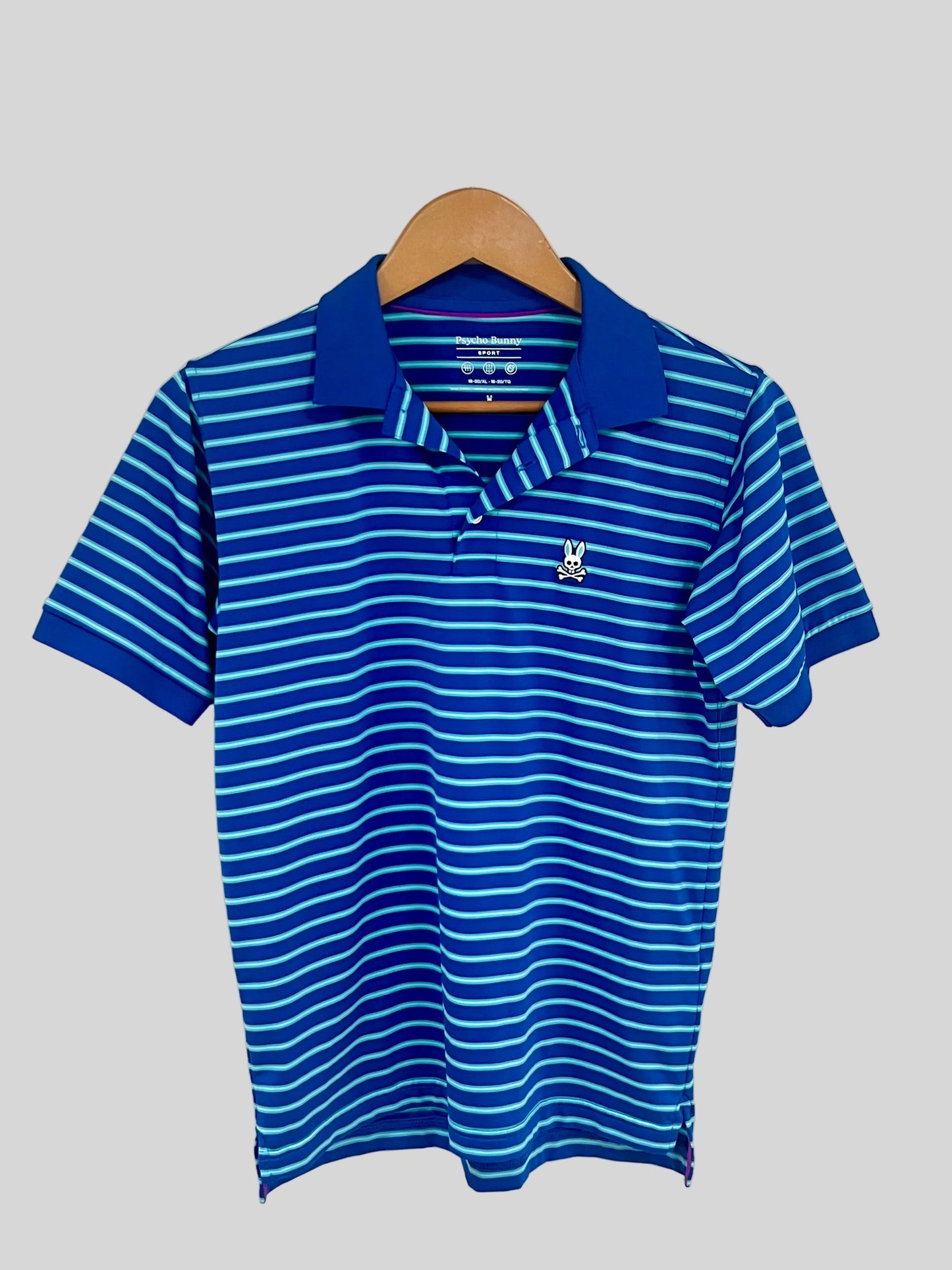 Camiseta Polo de niño Psycho Bunny 🐰 Performance con rayas en turquesa y azul Talla XL Entalle Regular