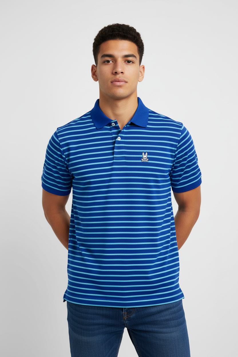 Camiseta Polo de niño Psycho Bunny 🐰 Performance con rayas en turquesa y azul Talla XL Entalle Regular