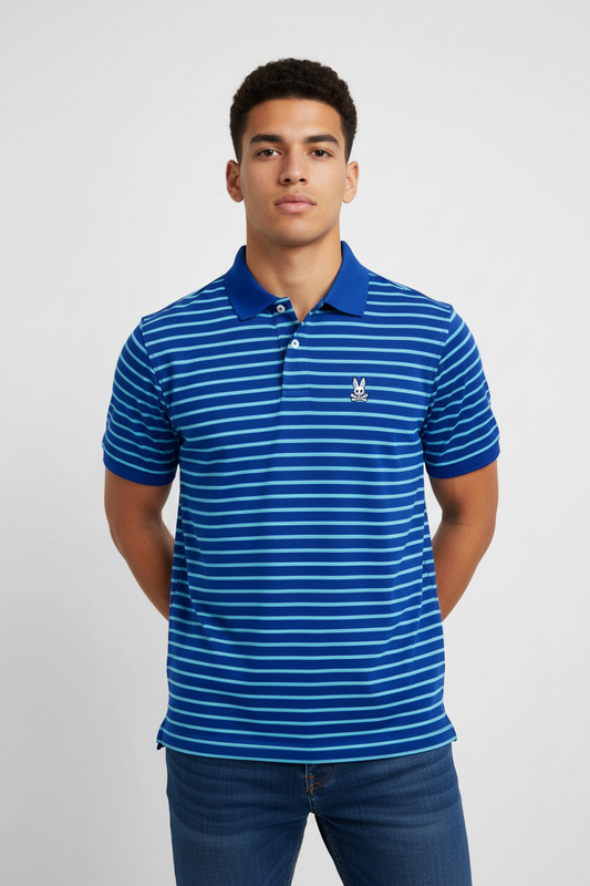 Camiseta Polo de niño Psycho Bunny 🐰 Performance con rayas en turquesa y azul Talla XL Entalle Regular