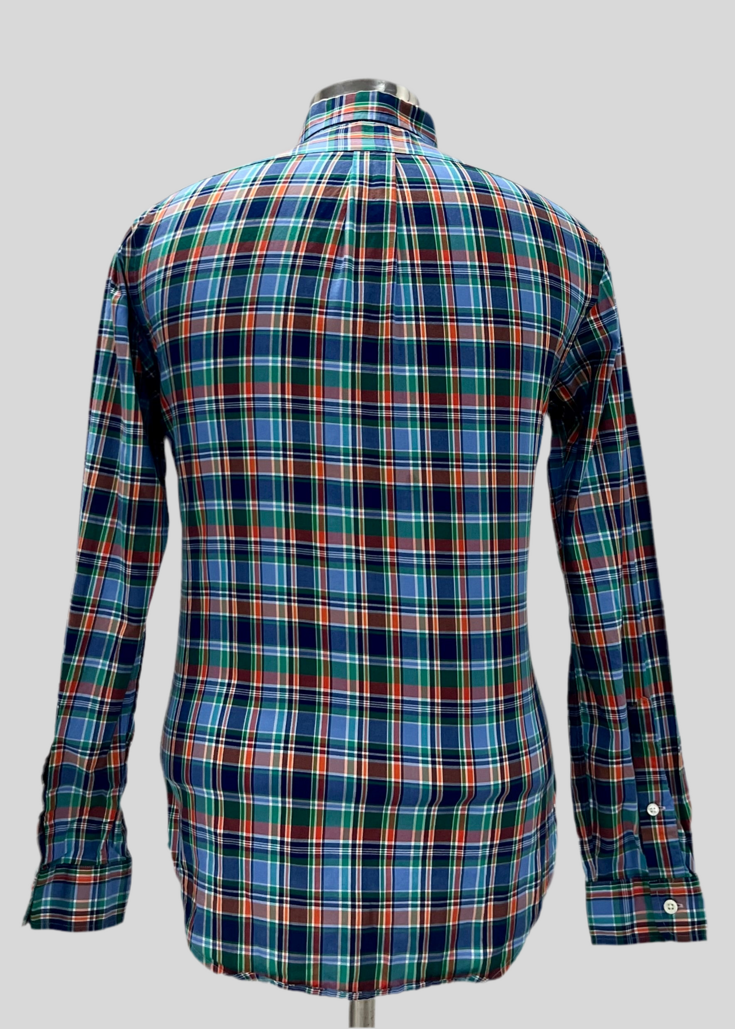 Camisa Polo Ralph Lauren 🏇🏼 con patrón de cuadros en color celeste, azul, verde y naranja Talla S entalle Slim Fit