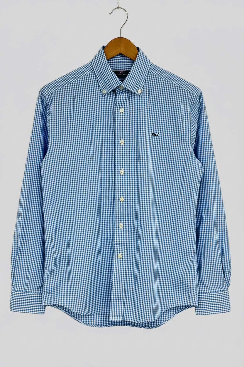 Camisa Vineyard Vines 🐳 de cuadros gingham en color celeste claro y blanco Talla XS Entalle Regular (ver descripción)