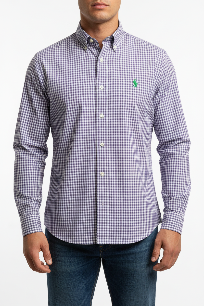 Camisa Polo Ralph Lauren 🏇🏼 de cuadros gingham en color lila y blanco Talla M Entalle Regular