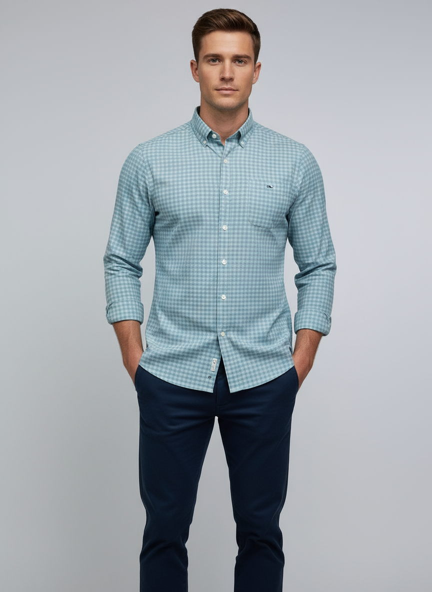 Camisa de cuadros Vineyard Vines 🐳 con patrón de cuadros en color celeste y morado Talla XS Entalle Slim Fit