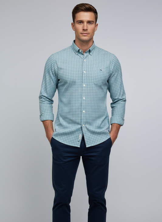 Camisa de cuadros Vineyard Vines 🐳 con patrón de cuadros en color celeste y morado Talla XS Entalle Slim Fit