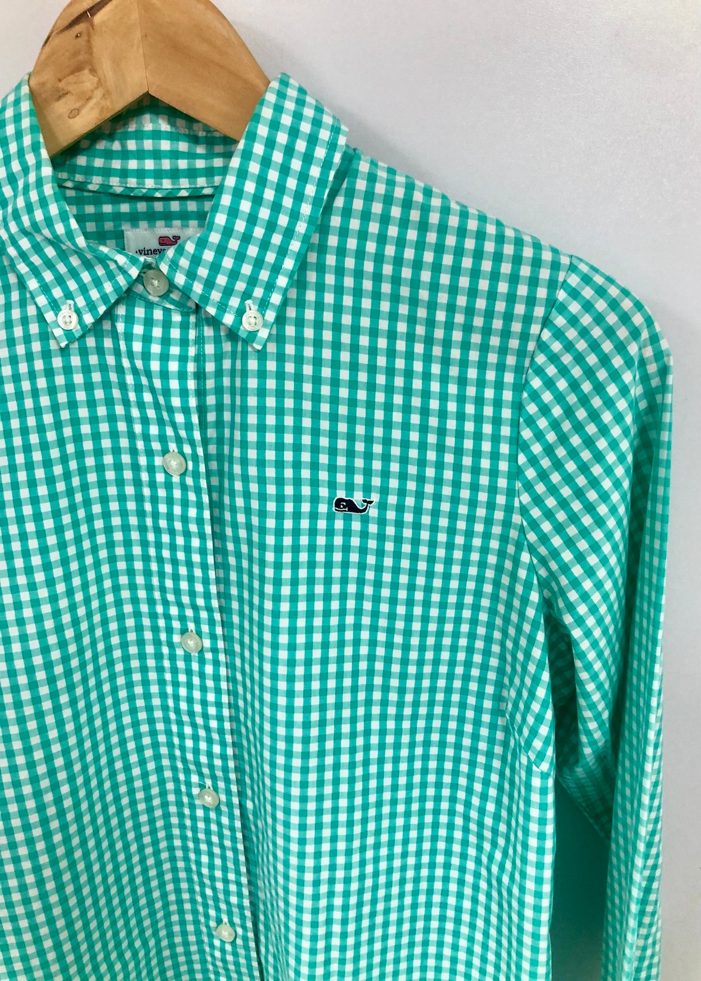 Camisa de mujer Vineyard Vines 🐳 con patrón de cuadros en turquesa y blanco Talla XS (2) Entalle Regular