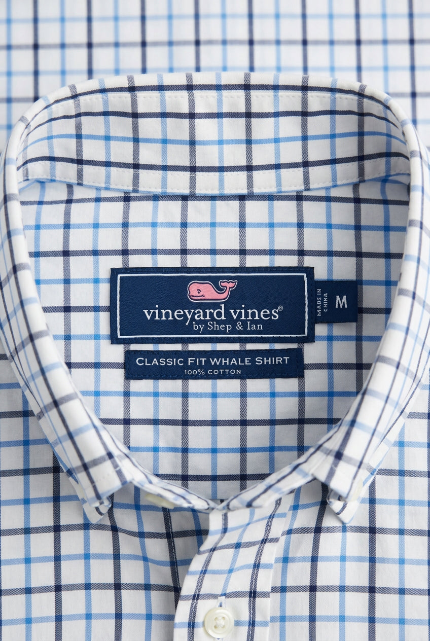 Camisa de botones Vineyard Vines 🐳 color blanco de cuadros en azul y negro Talla M Entalle Clásico