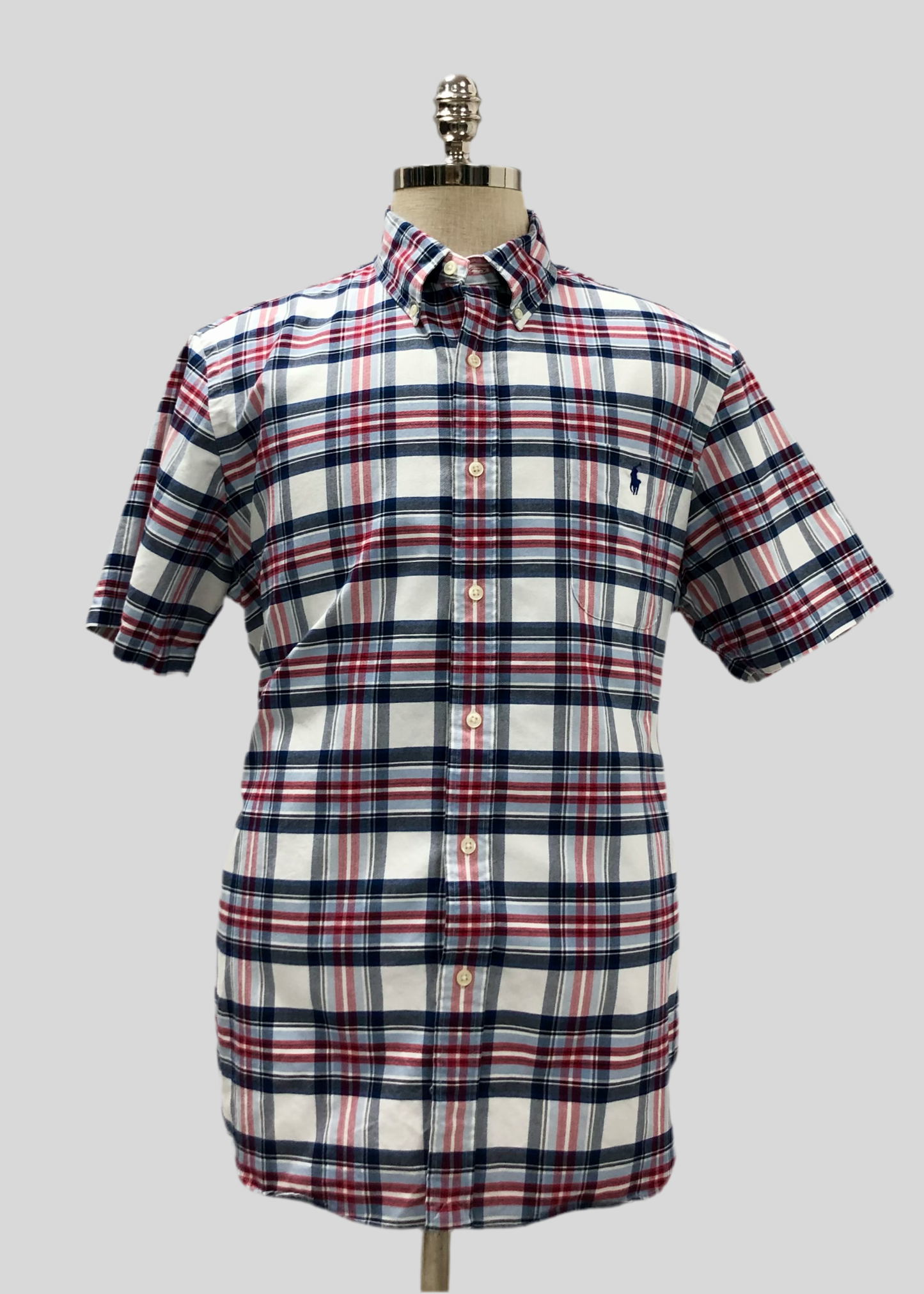 Camisa Polo Ralph Lauren 🏇🏼 Color blanco con patron de cuadros tartán azul y rojo Talla 4XL Entalle Regular