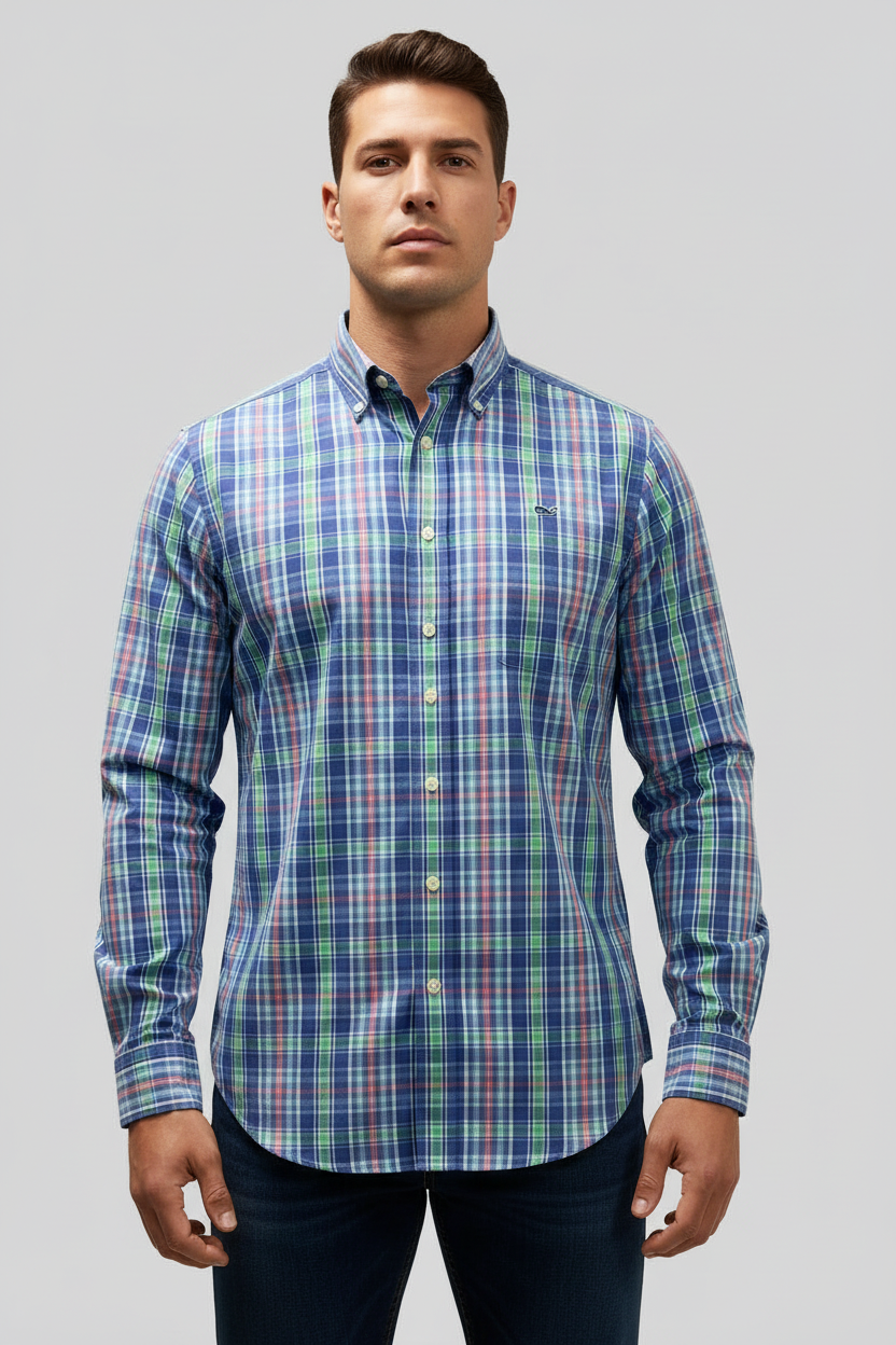 Camisa de botones Vineyard Vines 🐳 de cuadros en color azul, celeste y verde Talla S Entalle Slim Fit