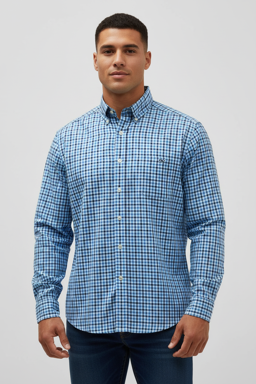 Camisa Vineyard Vines 🐳 de cuadros en color celeste, azul y gris Talla L Entalle Slim Fit