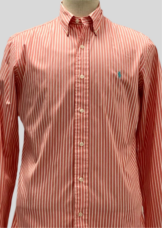 Camisa Polo Ralph Lauren 🏇🏼 con patron de rayas en color naranja y blanco Talla M Entalle Custom Fit
