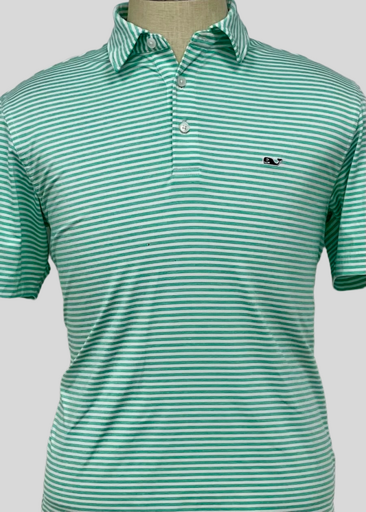 Camiseta Polo Vineyard Vines 🐳 Performance color blanco con rayas en verde claro Talla S Entalle Regular