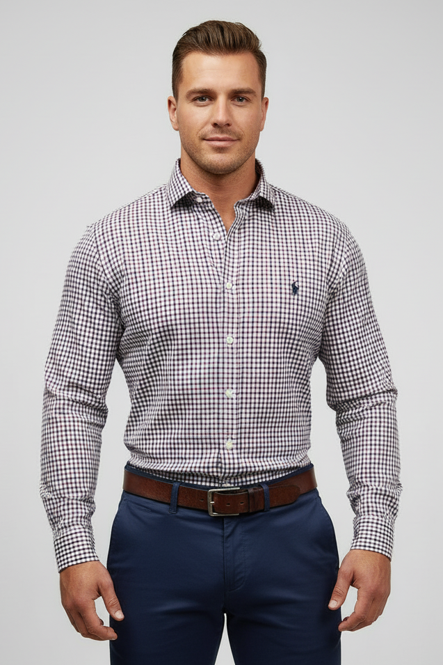 Camisa de botones Polo Ralph Lauren 🏇🏼 Performance de cuadros rojo oscuro y negro Talla L Entalle Regular