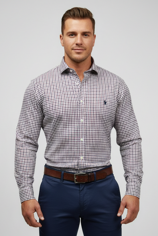 Camisa de botones Polo Ralph Lauren 🏇🏼 Performance de cuadros rojo oscuro y negro Talla L Entalle Regular