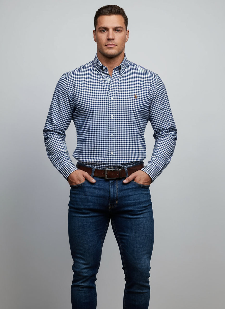 Camisa de botones Polo Ralph Lauren 🏇🏼 Oxford de cuadros gingham azul y blanco Talla L Entalle Clásico