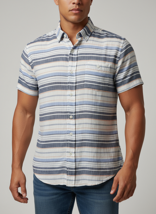 Camisa de botones Weatherproof color blango con patron de rayas color gris y celeste Talla M Entalle Regular
